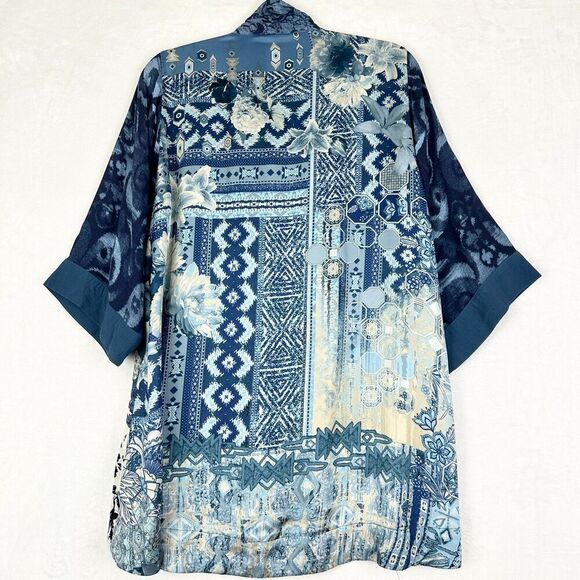 John Mark Print Embroidered Kimono Size Medium Floral Patchwork Boho - Picture 2 of 8